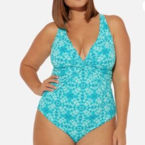Bleu Rod Beattie Makes Waves One-Piece Swimsuit RBMW20717X 16W Laguna teal NWT